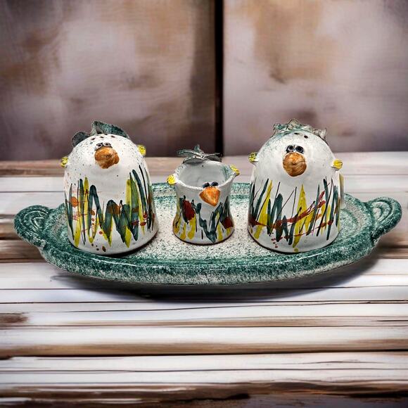 Whimsical Hand Painted Bird Salt & Pepper Shakers & Caddy Pottery Kitchen Decor - Picture 1 of 10